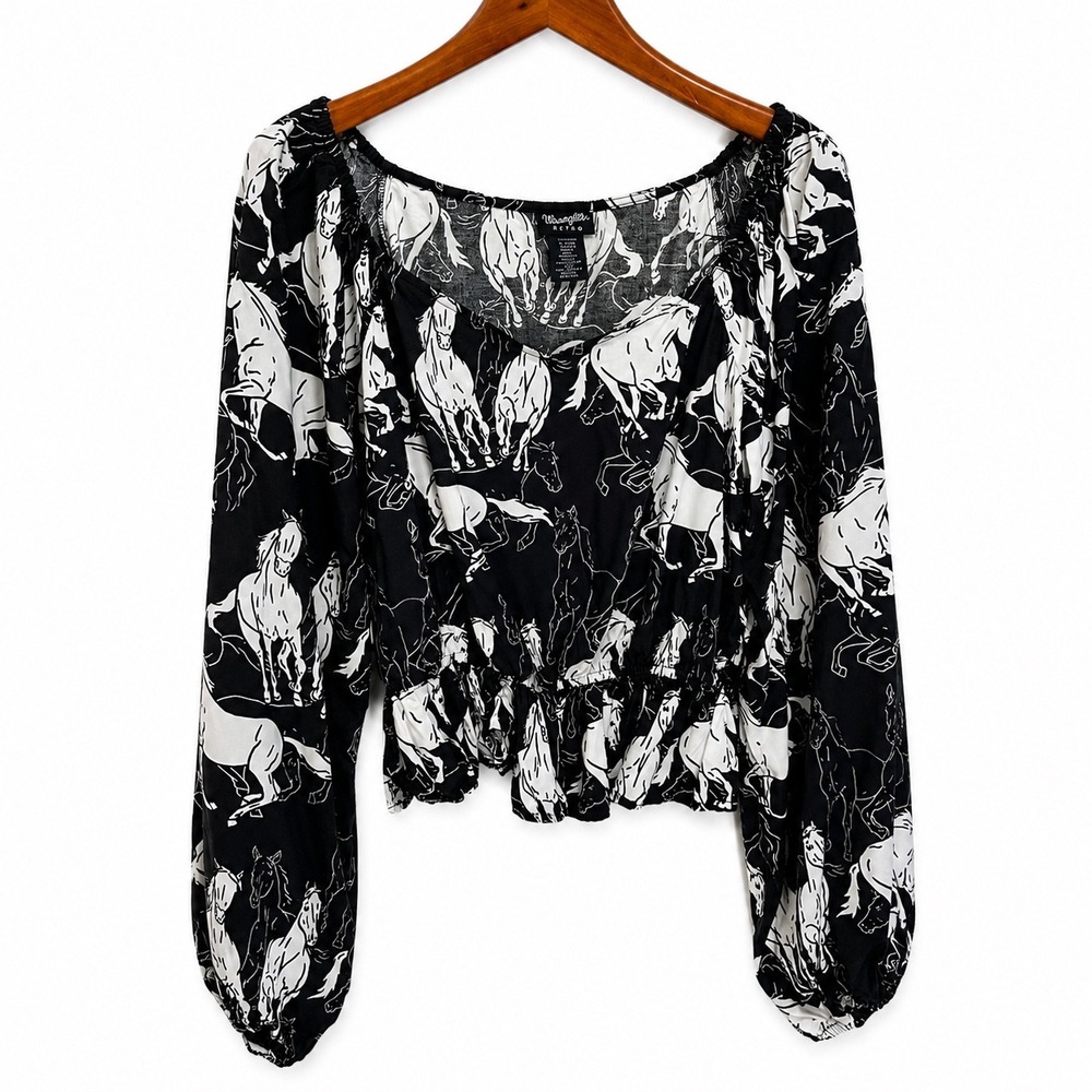 Wrangler Retro Womens Black White Horse Print Smocked Crop Top Blouse Large